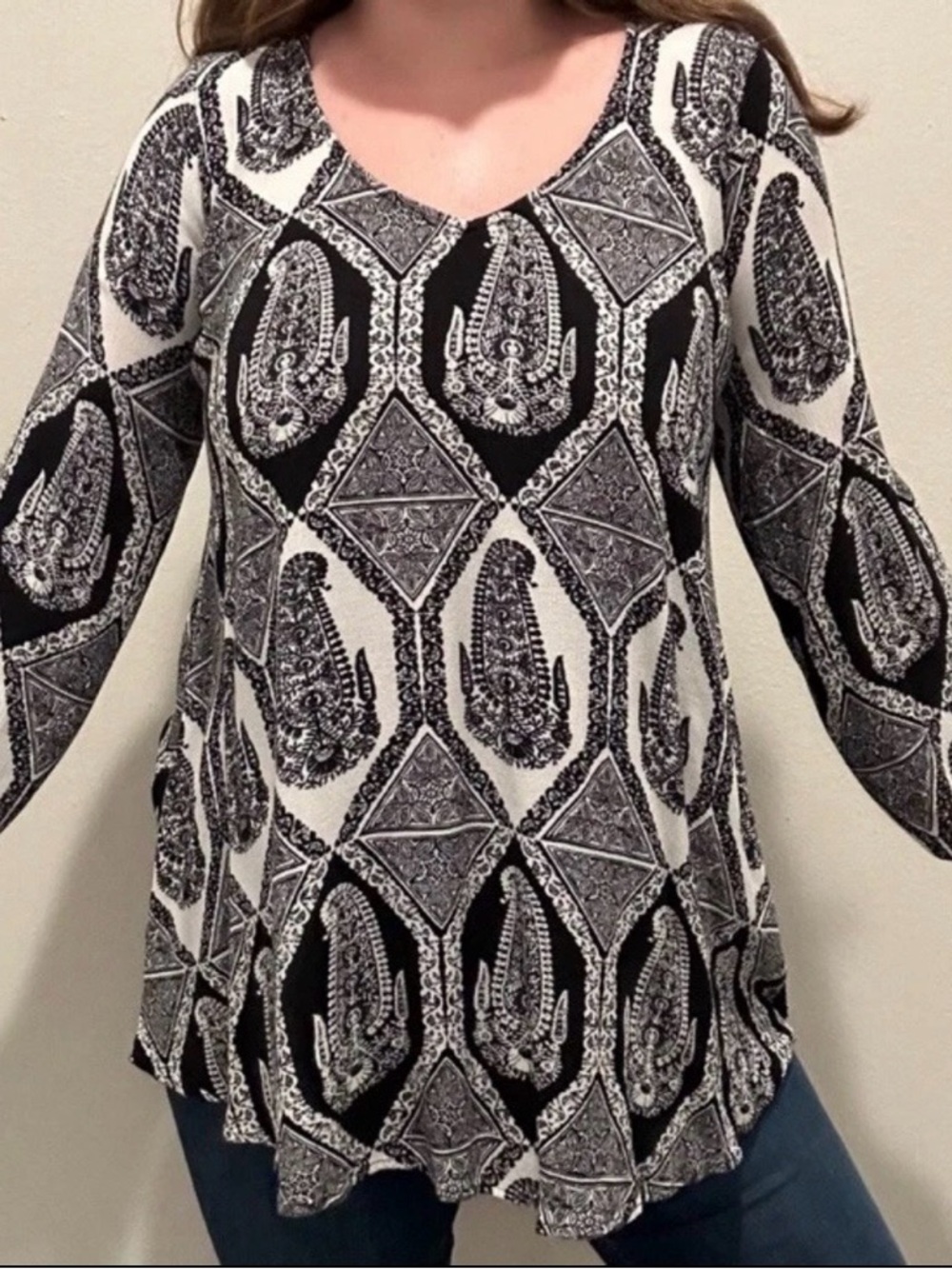 Show Me Your Mumu Tunic Top Long Sleeve Resortwear Paisley Black White Boho Sz S